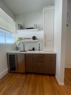 Designer Custom Walnut High-End Omega Dry Bar / Wine Fridge with Kegorator – Cabinetry with Quartz Countertop