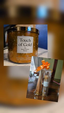 Bath And Body Works 3 Wick Candle, Hydration Body Lotion, Fragrance Mist A Touch Of Gold 