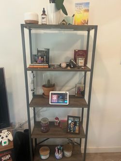 5 tier industrial bookshelf with metal frame and wooden shelves