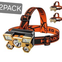 2 pack  (((9 dlls))) Head Torch Rechargeable Headlamp Waterproof Super Bright 90° Adjustable LED