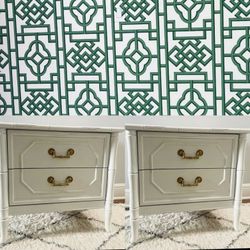 Vintage Broyhill Faux Bamboo Set Of Nightstands Drawers End Tables 