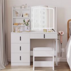 Lighted Sliding mirror Vanity Table Set Makeup Dressing Desk 4 Drawer w/Stool