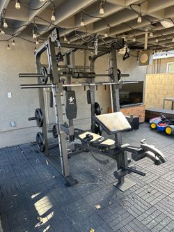 Vesta Fitness Smith Machine 2001 w/Bench Attachment | 230lb Bumpers Weights | 7ft Olympic Bar | Fitness | Gym Equipment | FREE DELIVERY & INSTALL🚚