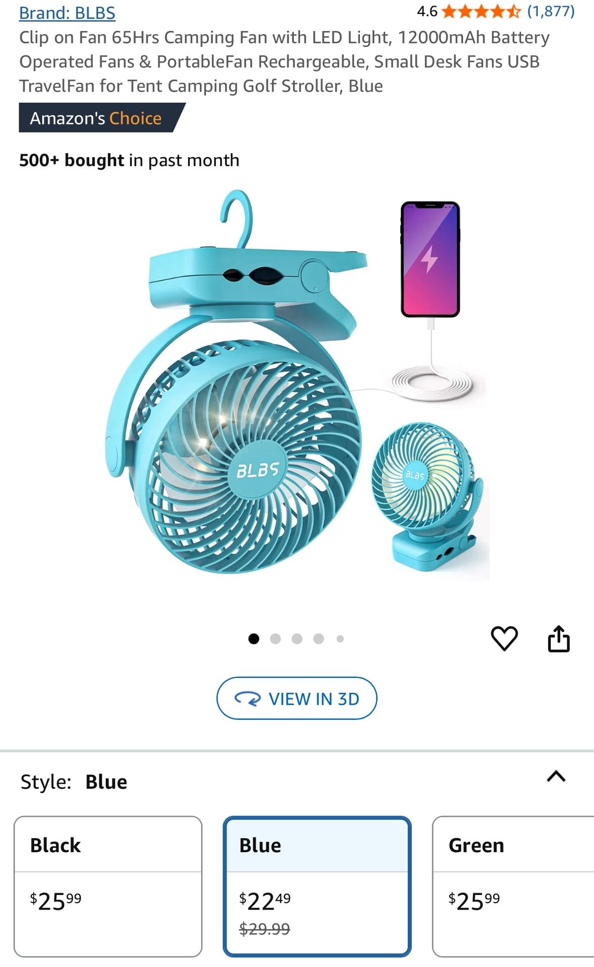 Clip on Fan 65Hrs Camping Fan with LED Light, 12000mAh Battery Operated Fans & PortableFan Rechargeable, Small Desk Fans USB TravelFan for Tent Campin