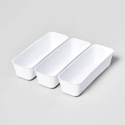 3 Long White Plastic Organizers, Comes With 2 White Plastic Containers For Anything. 
