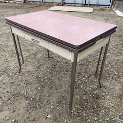 Vintage 1940s Formica Kitchen Dining Table / Desk with Pull-Out Leaves, Chrome Hairpin Legs and Drawer 