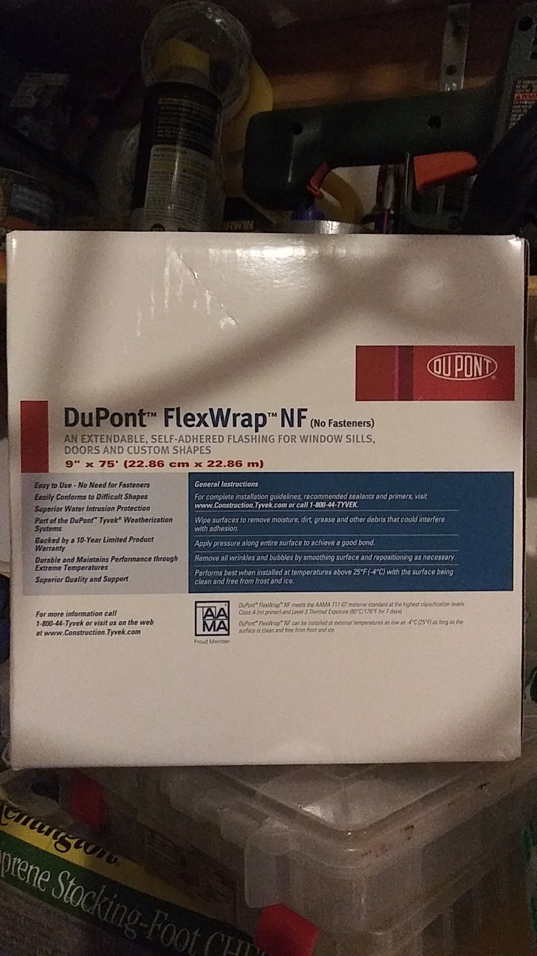 Dupont FlexWrap NF, 9"x 75' flashing, extendable peel and stick. Conforms to difficult shapes