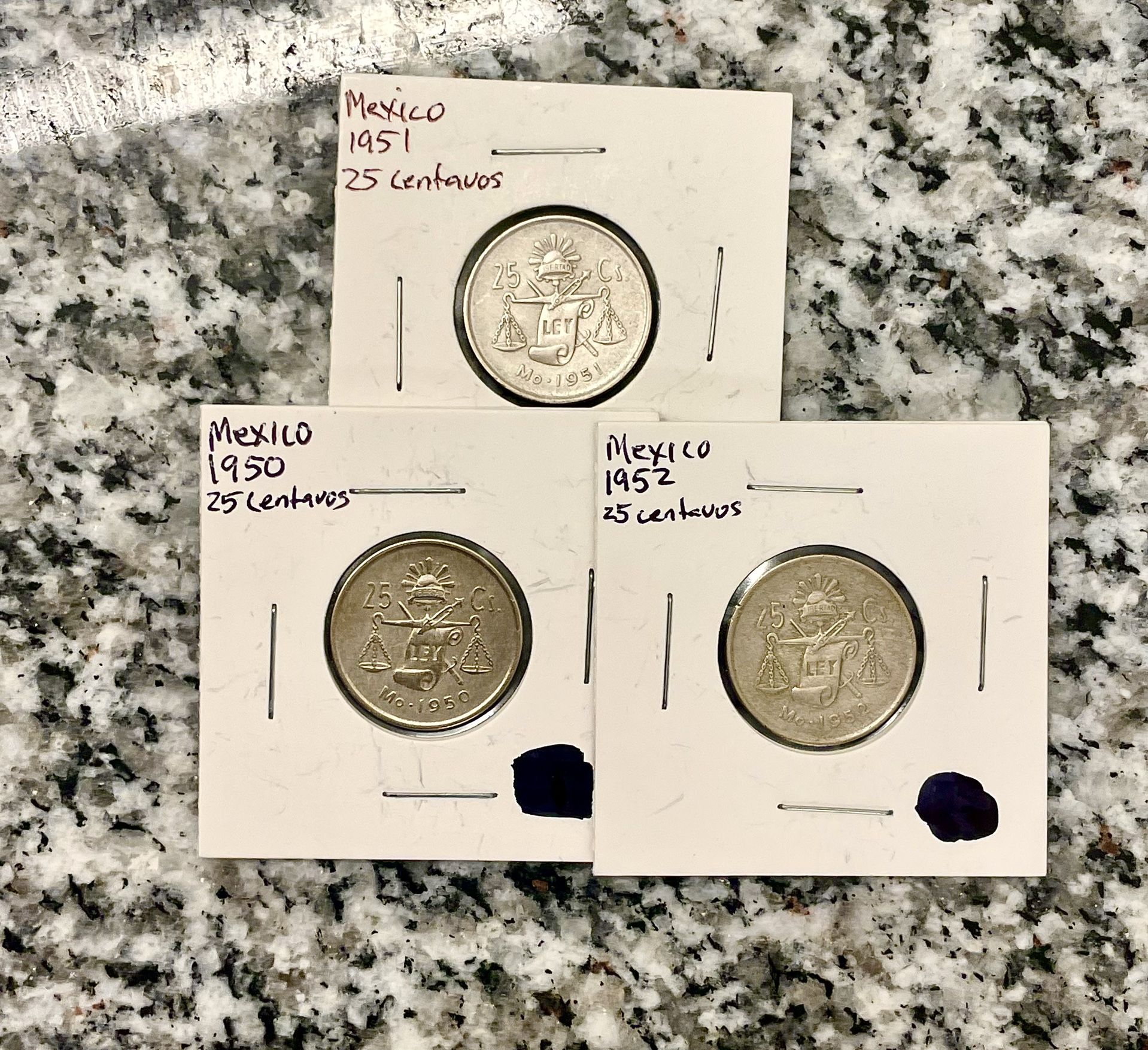 3 Beautiful 25 cent silver coins from Mexico 1950, 1951, 1952