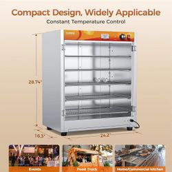 🥨133Qt 5-Tier 900W Commercial Food Warmer with 304 Blued Stainless Steel Heating Element, 5MM Double-Tempered Glass Door, Adjustable Shelves, Electri