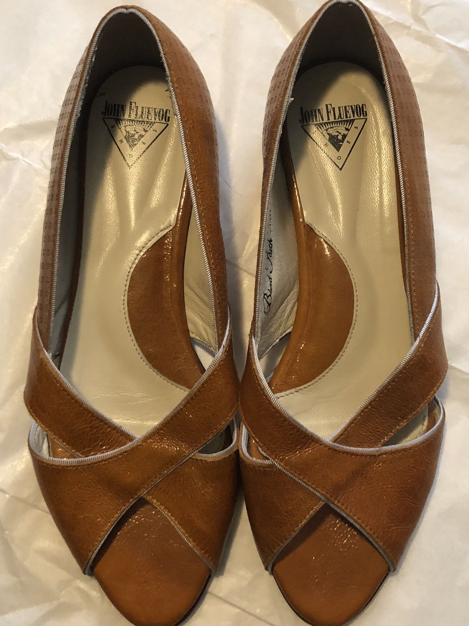 John Fluevog womens 7.5 (yellowish/brownish) Blind Faith Edition