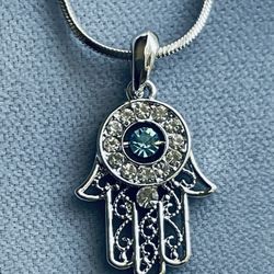 Ladies Crystal Hamsa Necklace w/Blue Crystal Center on Snake Chain *Pickup Boca Raton Or Ship Nationwide
