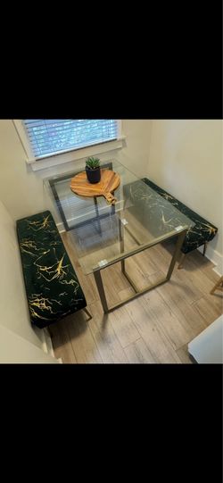 Glass Dining Table + Velvet Benches Dining Set