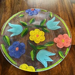 Clear Glass Platter Plate w/ Tulip & Daisy Flowers Colorful Hand Painted 13"