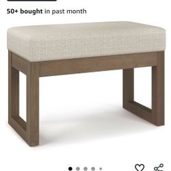 SIMPLIHOME Milltown 27" Wide Tweed Look Fabric Ottoman in Platinum