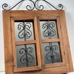 Rustic Wood & Iron Window-Style Wall Mirror – 24”