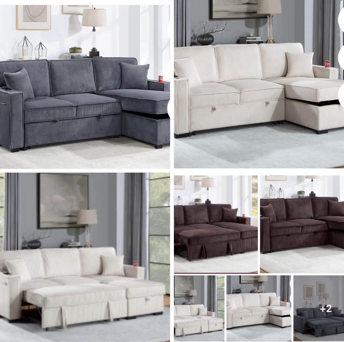 $369. 2-PCConvertible Sectional Sleeper Sofa W/ Cupholder Sofa Storage & USB Ports 89”x 59”X36”H