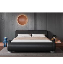 O51 $130  Queen Size Bed Frame with Ergonomic & Adjustable Headboard, Low Profile Modern Upholstered Platform Sleigh Design  Size Queen Material Faux 