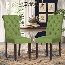 Set of 2, COLAMY Tufted Fabric High Back Dining Chair, Rolled Back Kitchen Chair, Set of 2, Green