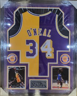 Lakers Shaq O'Neal Signed, Deluxe-Framed Home/Away Jersey (Authentic Ink Authenticity)