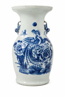 Antique Chinese Blue & White Phoenix Baluster Vase