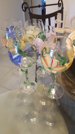 TALL HAND PAINTED STEMMED WINE GOBLETS SET OF 6