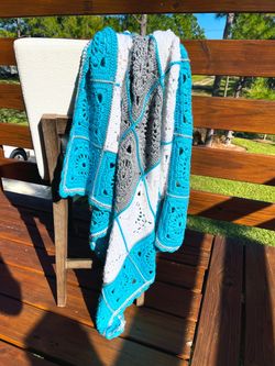Vintage 1960’s MCM Color/ Design Handmade Crochet Throw Blanket - Teal, White & Gray