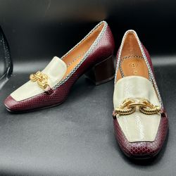 Size 8.5 Tory Burch Jessa Snake & Patten Leather Gold Horse Bit Mid Heel Pump