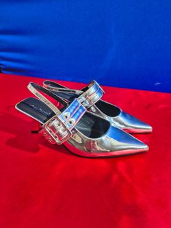Anne Michelle One Strap Silver Low Heels (Size 8)