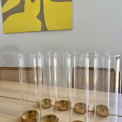 HURRICANE GLASS AND GOLD  TALL CANDLE CANDLESTICK HOLDER 