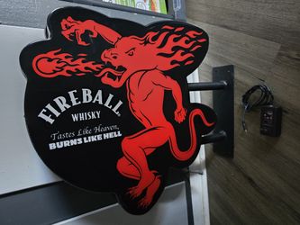 FIREBALL WHISKEY LIGHT UP NEON WALL MOUNTED PUB SIGN.  "BURNS LIKE HELL"
