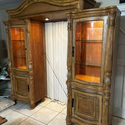 Glass Cabinets With Glass Shelves & Lights- Solid Wood- Good Condition