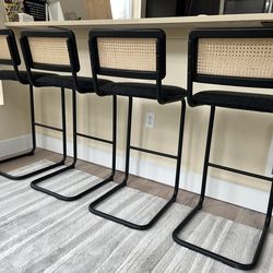 Natural Rattan Dining Chairs Set of 4, Modern Kitchen Chairs with Solid Wood Back, Black, Boucle Fabric 28"