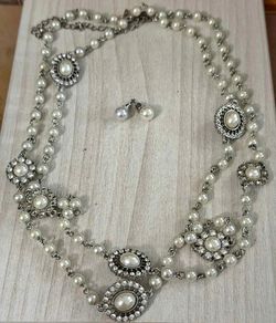 Juego Collar Aretes Stainlend Perlas piedras joyería antigua
