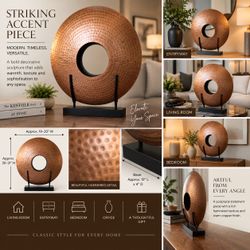 Large Hammered Copper-Finish Metal Disc Sculpture on Black Stan