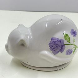 Vintage Japanese Porcelain Floral Crouching Sleeping Cat Kitty Trinket Box