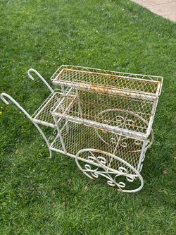 Vintage White Wrought Iron Flower Cart