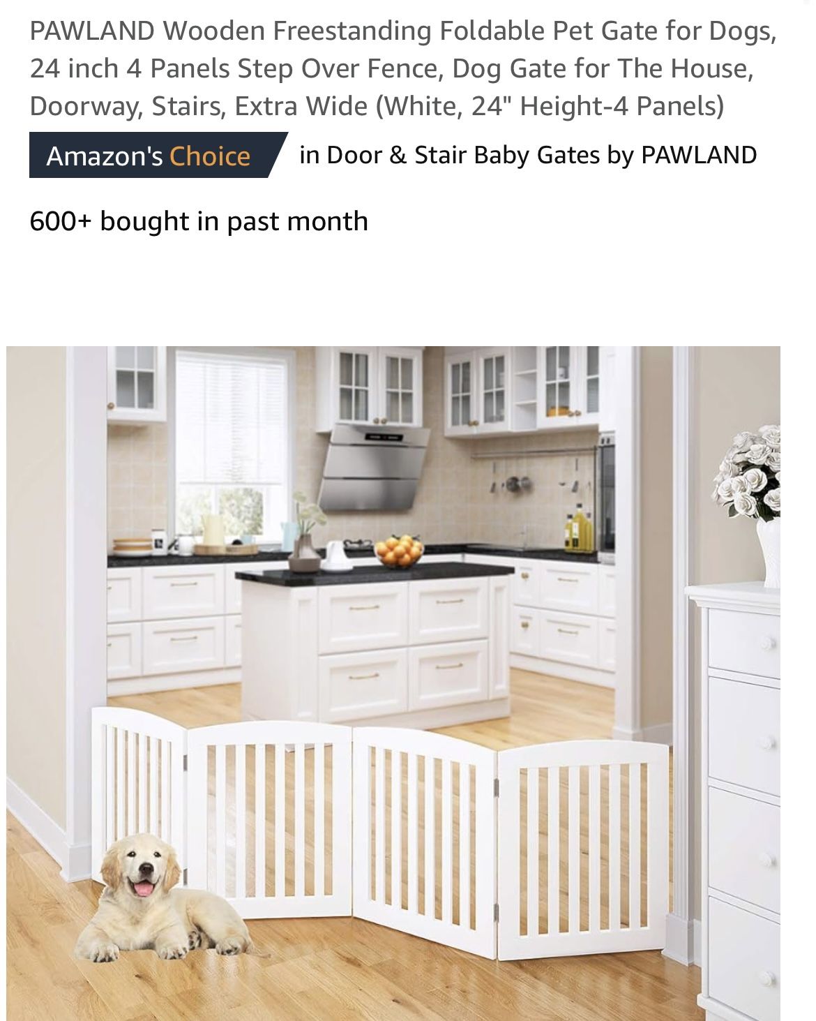 PAWLAND Wooden Freestanding Foldable Pet Gate, Extra Wide (White, 24" Height-4 Panels) White New