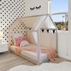 Twin Size Wooden House Bed Frame With Pink Curtains 