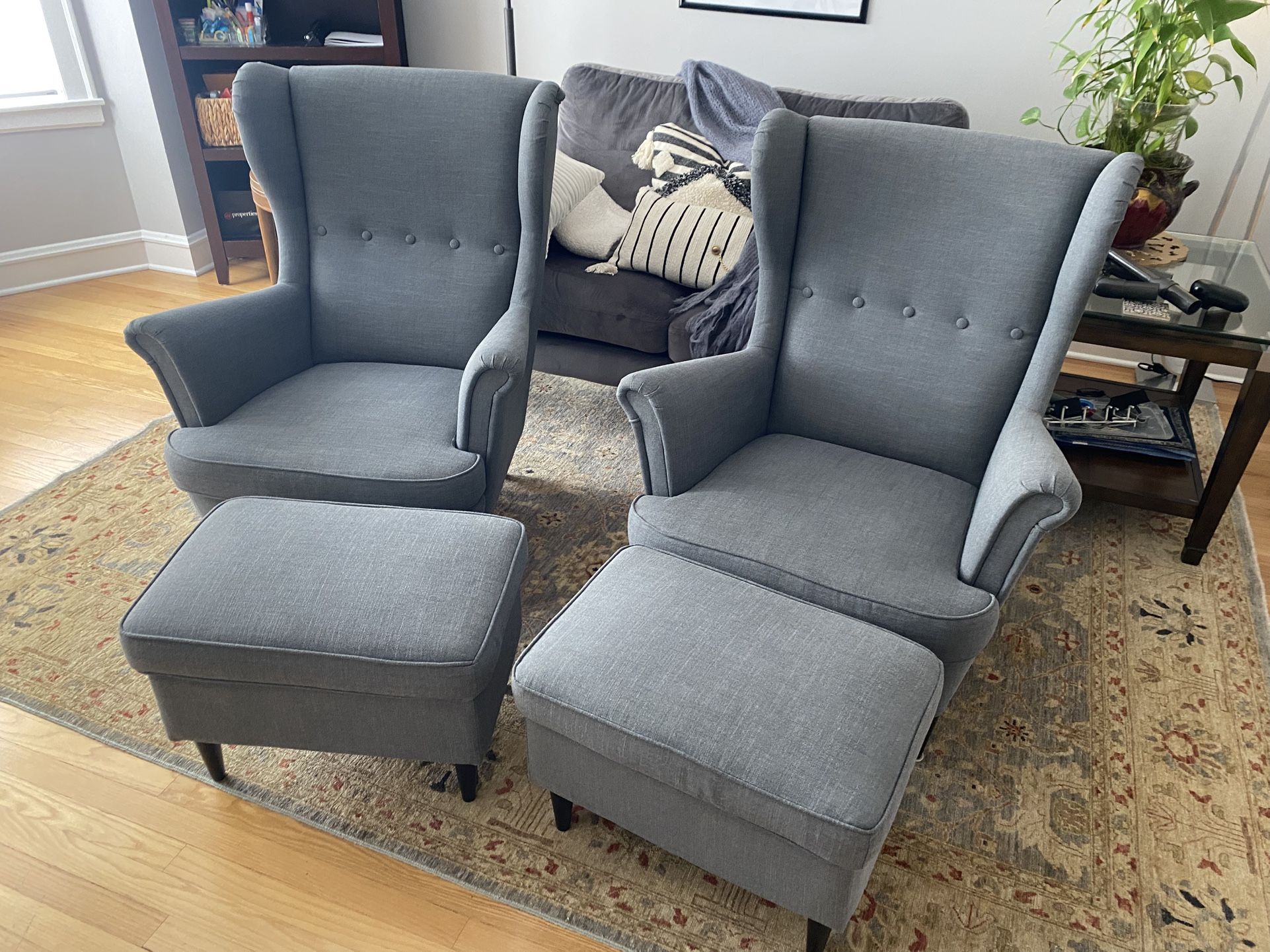 MCM Pair Of Wing Back Arm Chairs W/ Matching Ottomans