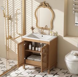 Bathroom Vanity Cabinet - Woven Rattan Doors - Light Wood - New