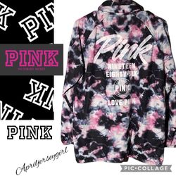 PINK VICTORIAS SECRET “Coach” JACKET BUTTON DOWN TIE DYE FLEECE INSIDE