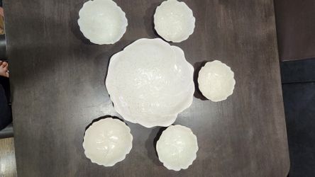 Vintage Ceramic Speckled Cabbage Leaf Salad Bowl Serving Set