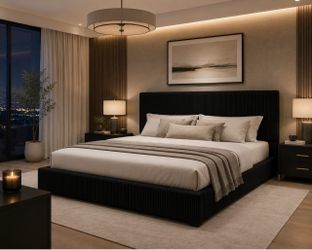 King Bed Frame, Adjustable Corduroy Headboard, Platform, Black Adjustable Headboard, Corduroy Fabric, Low Profile, Wooden Slats, 1000 lb Capacity, No 