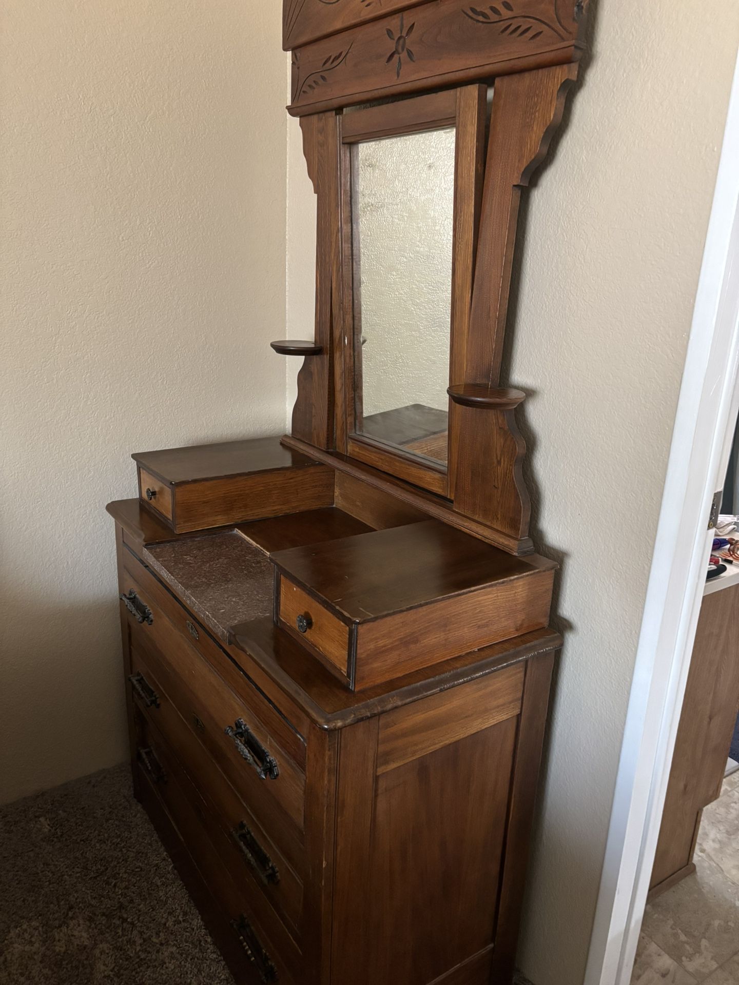 Victorian Antique Marbled Insert Dresser With Mirror