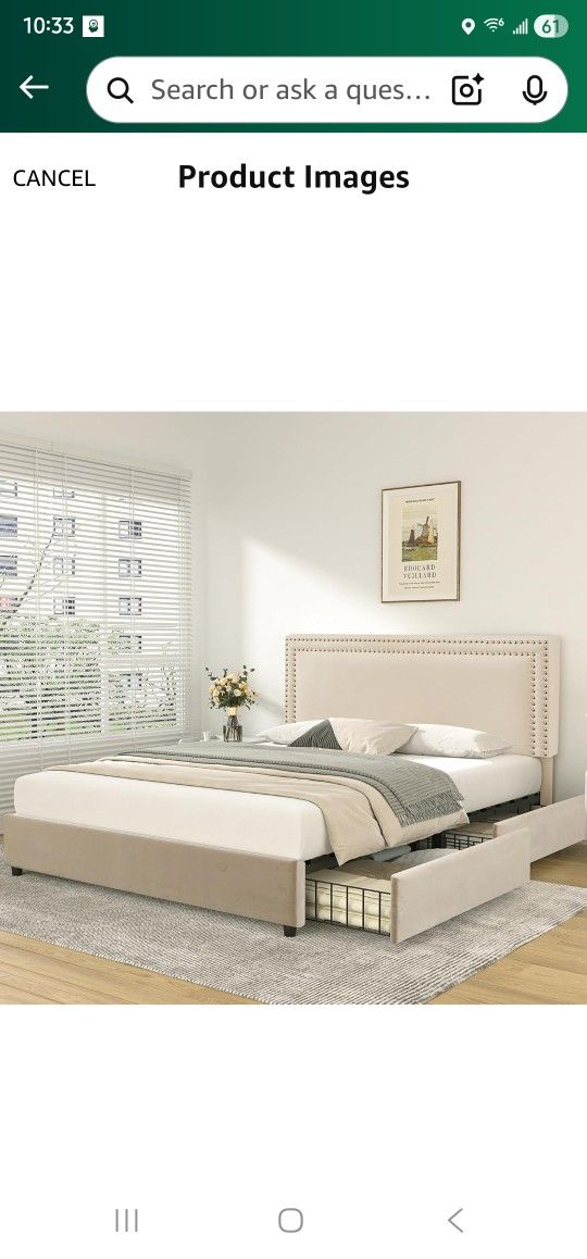 VECELO Full Size Upholstered Platform Bed Frame with 4 Storage Drawers, Adjustable Velvet Rivets Headboard, Wooden Slats Support, No Box Spring Needed