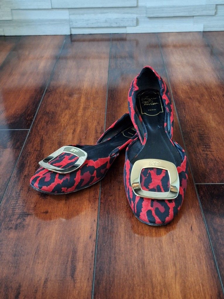 Roger Vivier Trompette D'Orsay Flat Red and black leopard print SZ EU 39 US 8.5