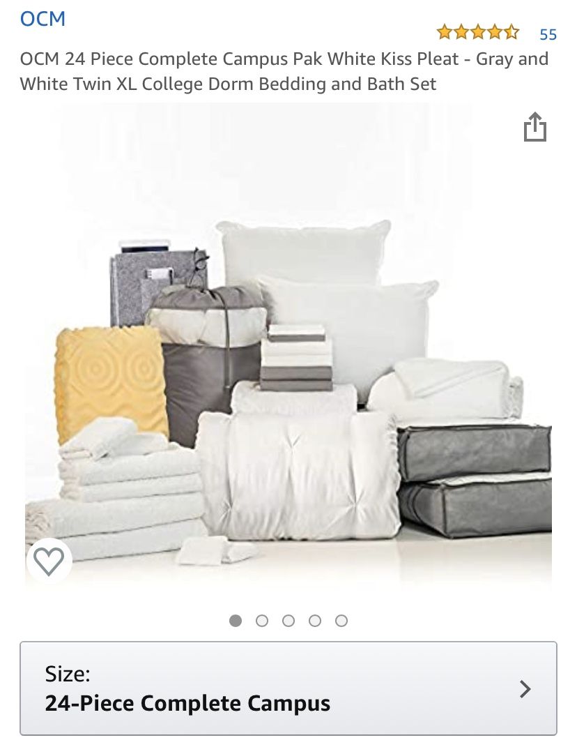 OCM 24 Piece Complete Campus Pak White Kiss Pleat - Gray and White Twin XL College Dorm Bedding and Bath Set