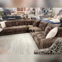 DARK BROWN Fabric Stationary Sectional Sofa w/ 9 Pillows