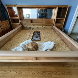 Oak Waterbed frame with lighted mirrored headboard, heater and separate dresser