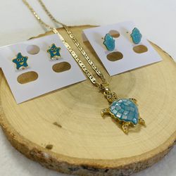 18k Gold Plated Sea Turtle Necklace with 2 Matching Earrings 